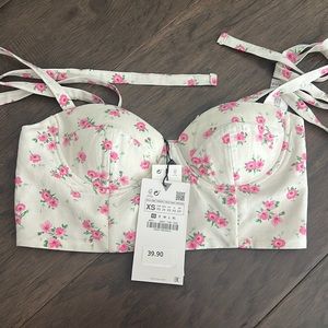 Zara creamish white with pink floral crop top
